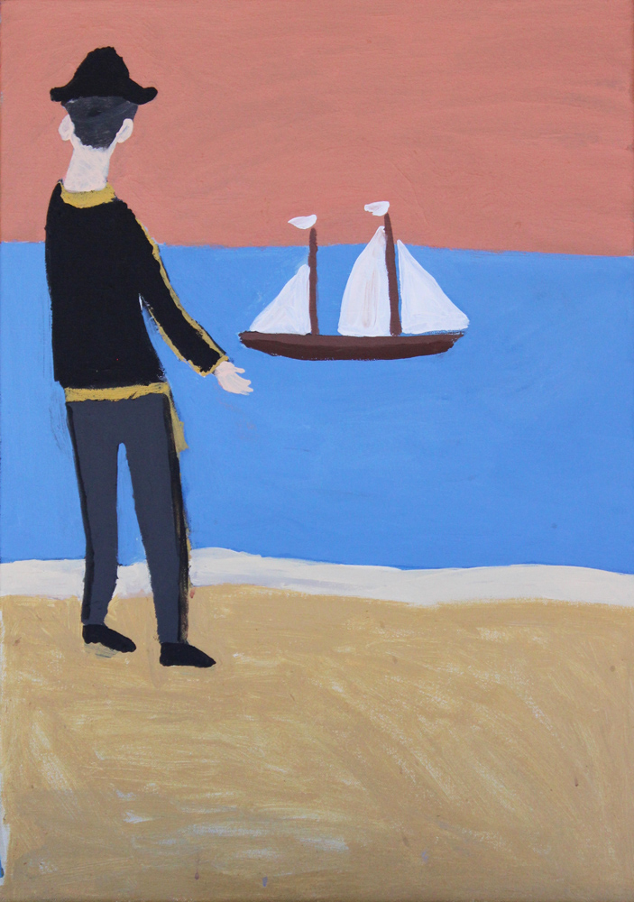 Painting of a man on shore looking at a sailing ship out at sea.