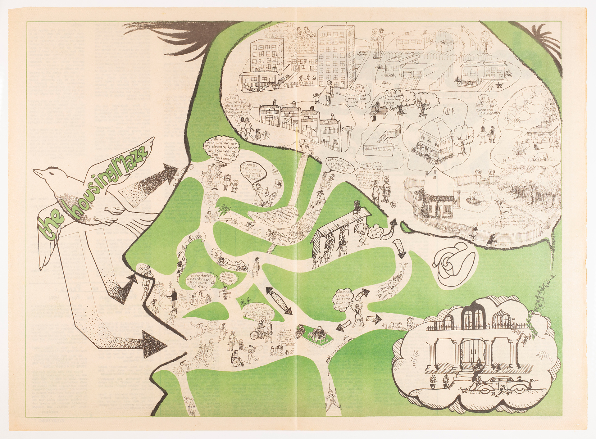 Green and black illustration spread titled "The Housing Maze".