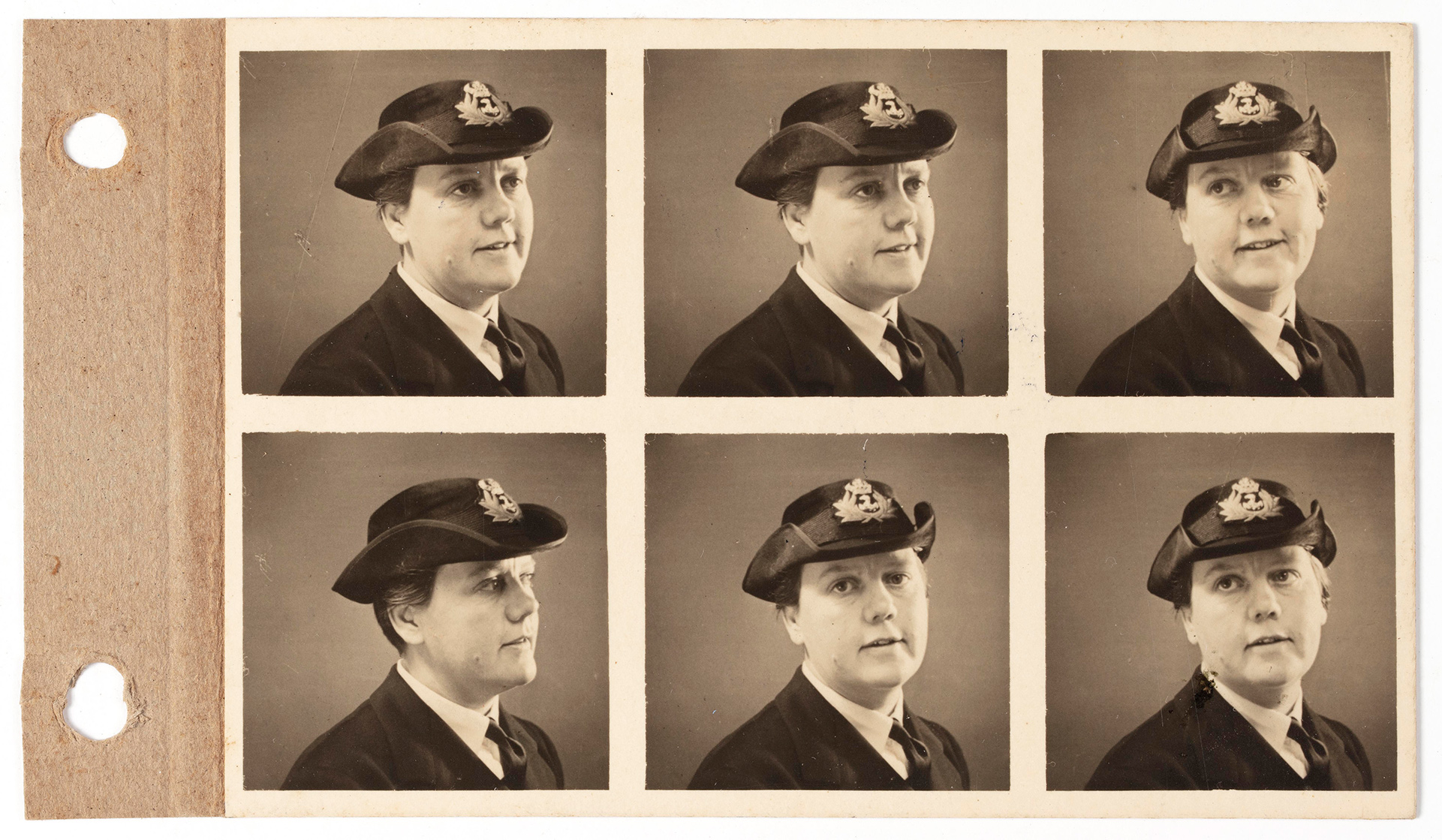 Head portrait of a woman in military uniform, in six burst shots.