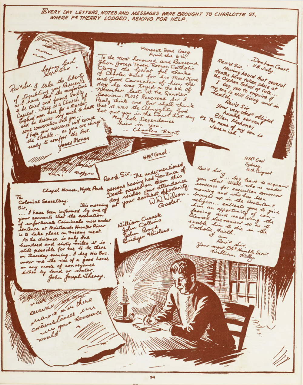 A drawing of a man sitting at a desk, writing by candlelight. He is surrounded by letters.