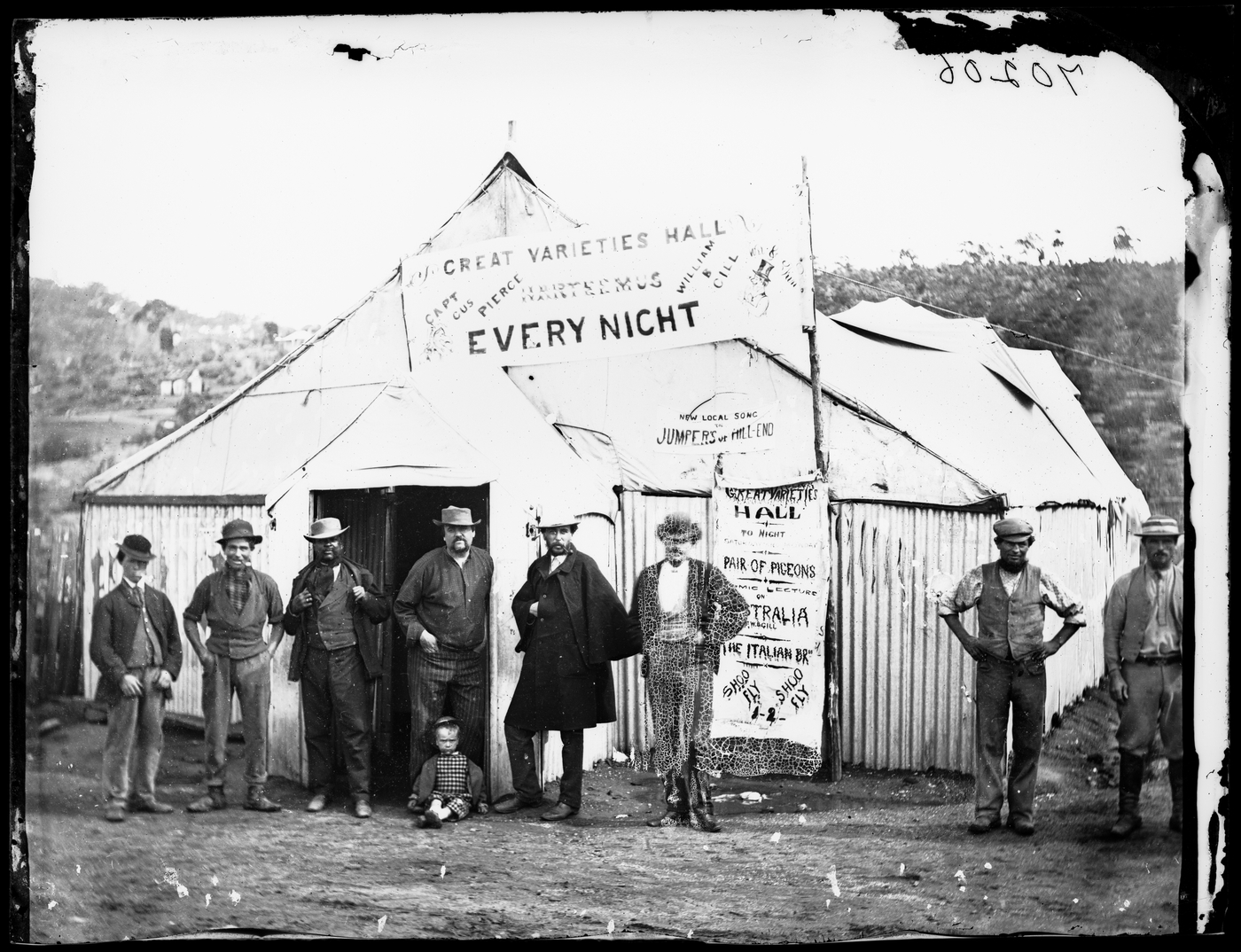 Great Varieties Hall, tent theatre, Clarke Street run by William B. Gill and Captain Gus Pierce [i.e. Augustus Baker Peirce], Hill End