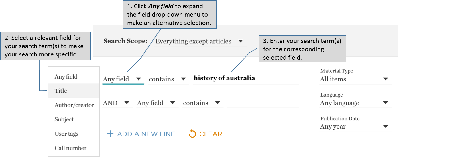 Catalogue advanced search – changing field selection