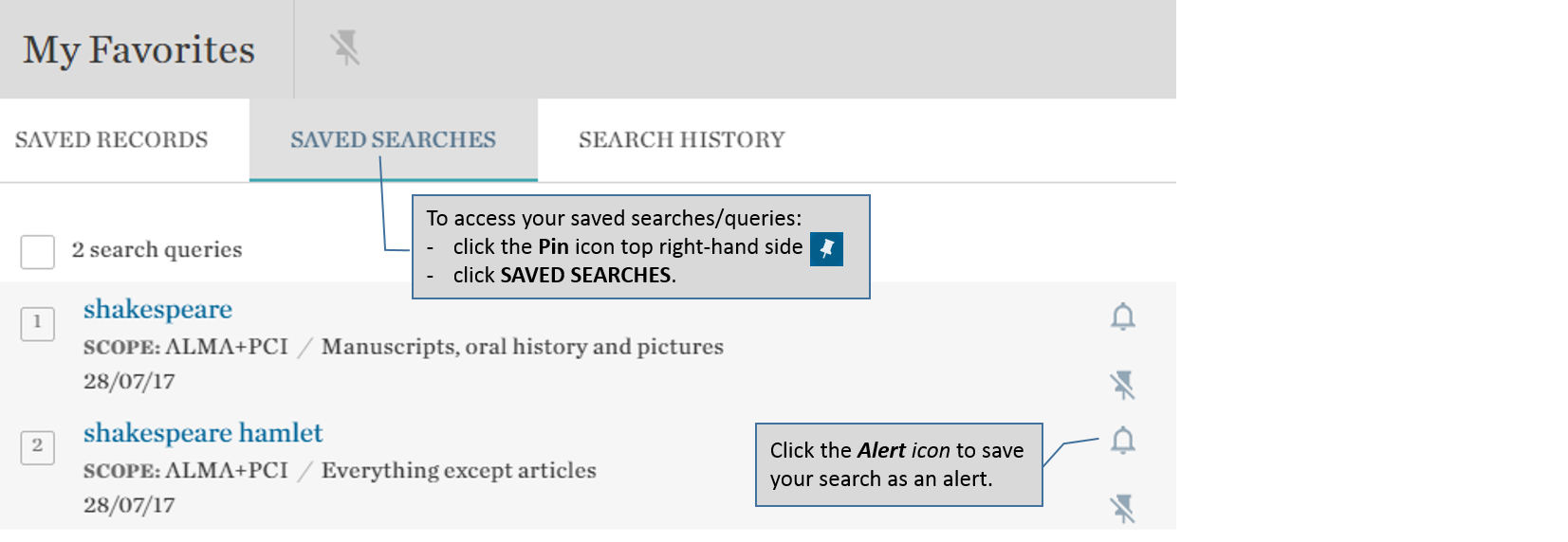 Catalogue – viewing saved searches/queries and creating alerts