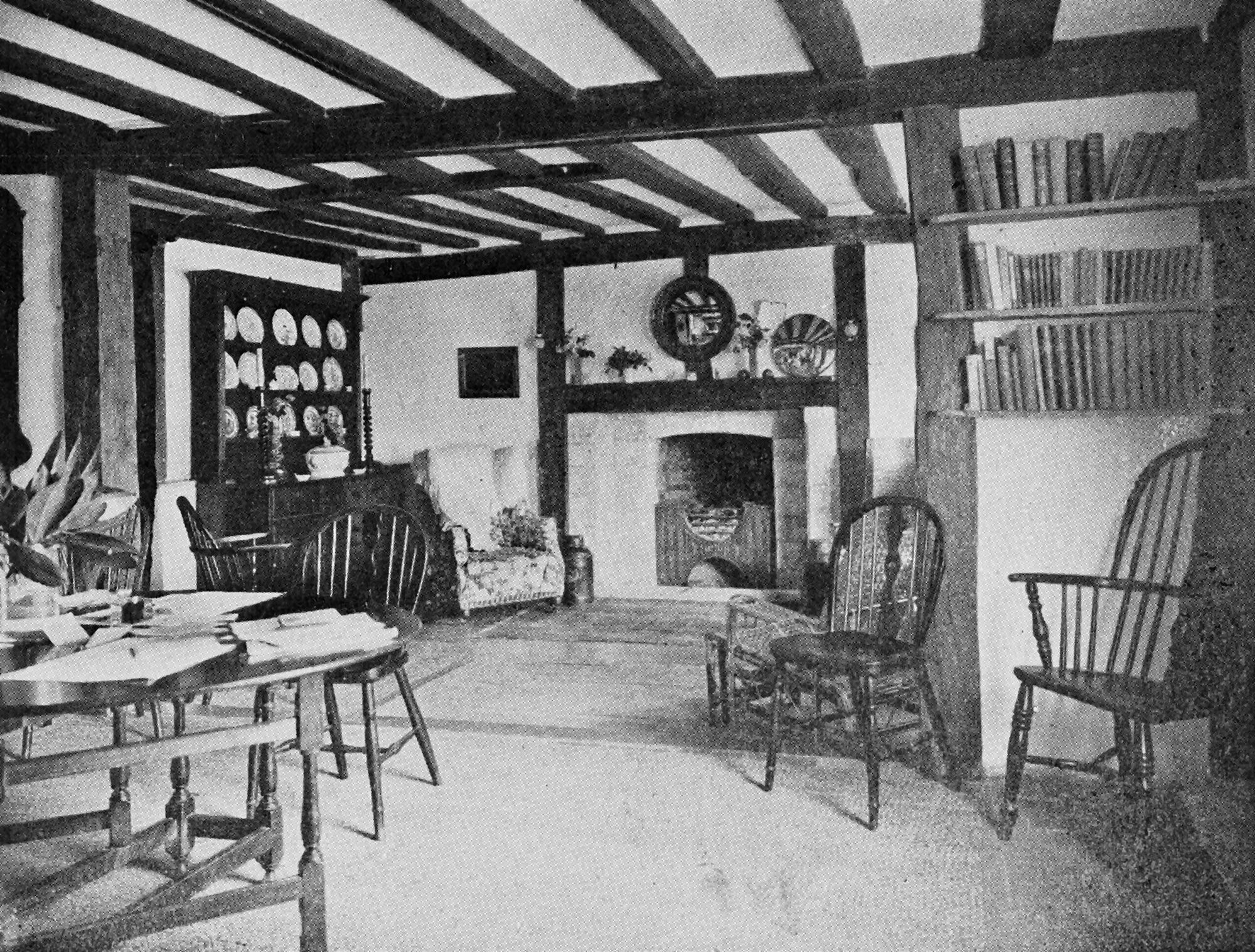 A living room showing timber ceiling beams