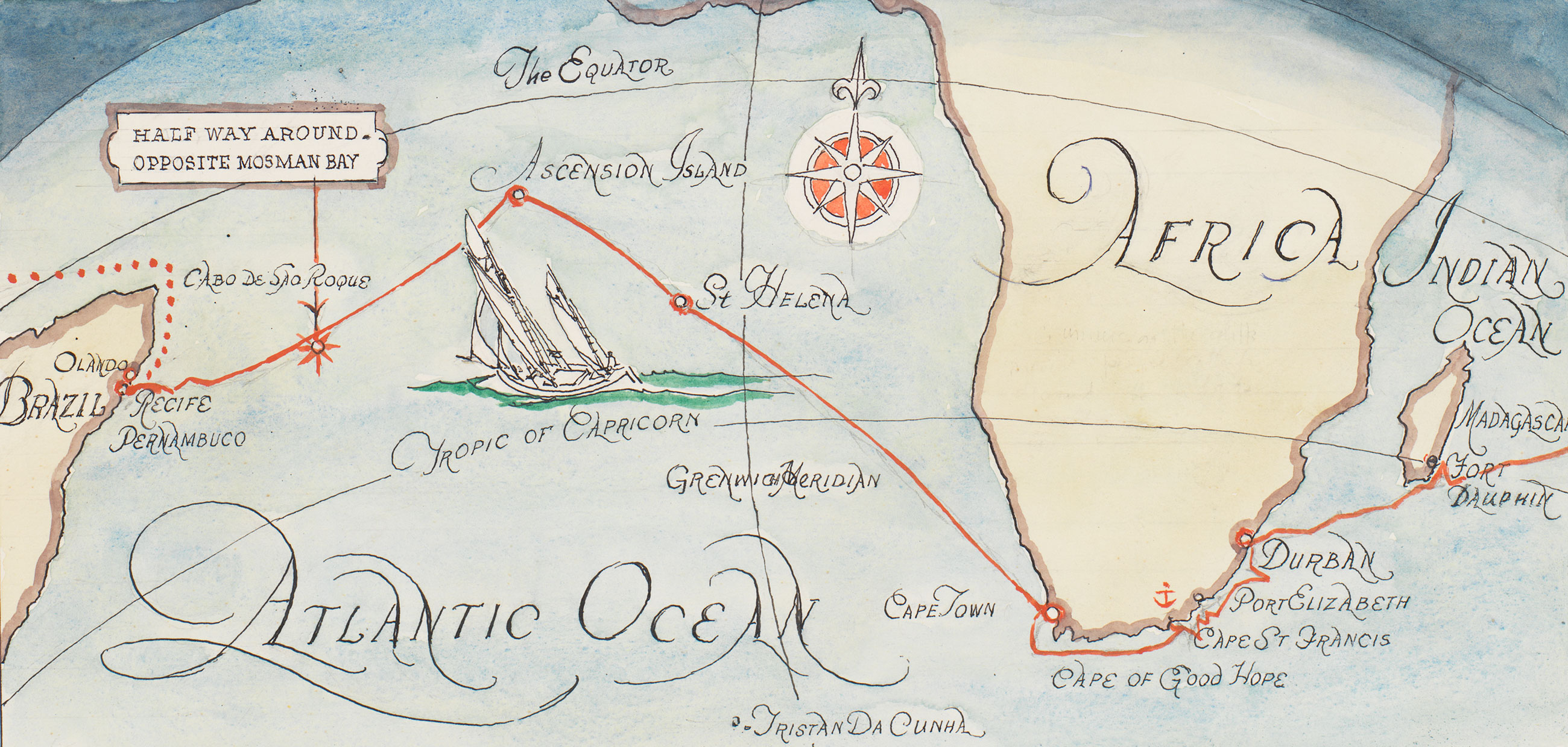 Detail: Chart of the Atlantic: Halfway around: Opposite Mossman Bay: Kathleen's voyage, Ascension Island, Receife, Brazil: Jan, Feb, March 1948: Log 7