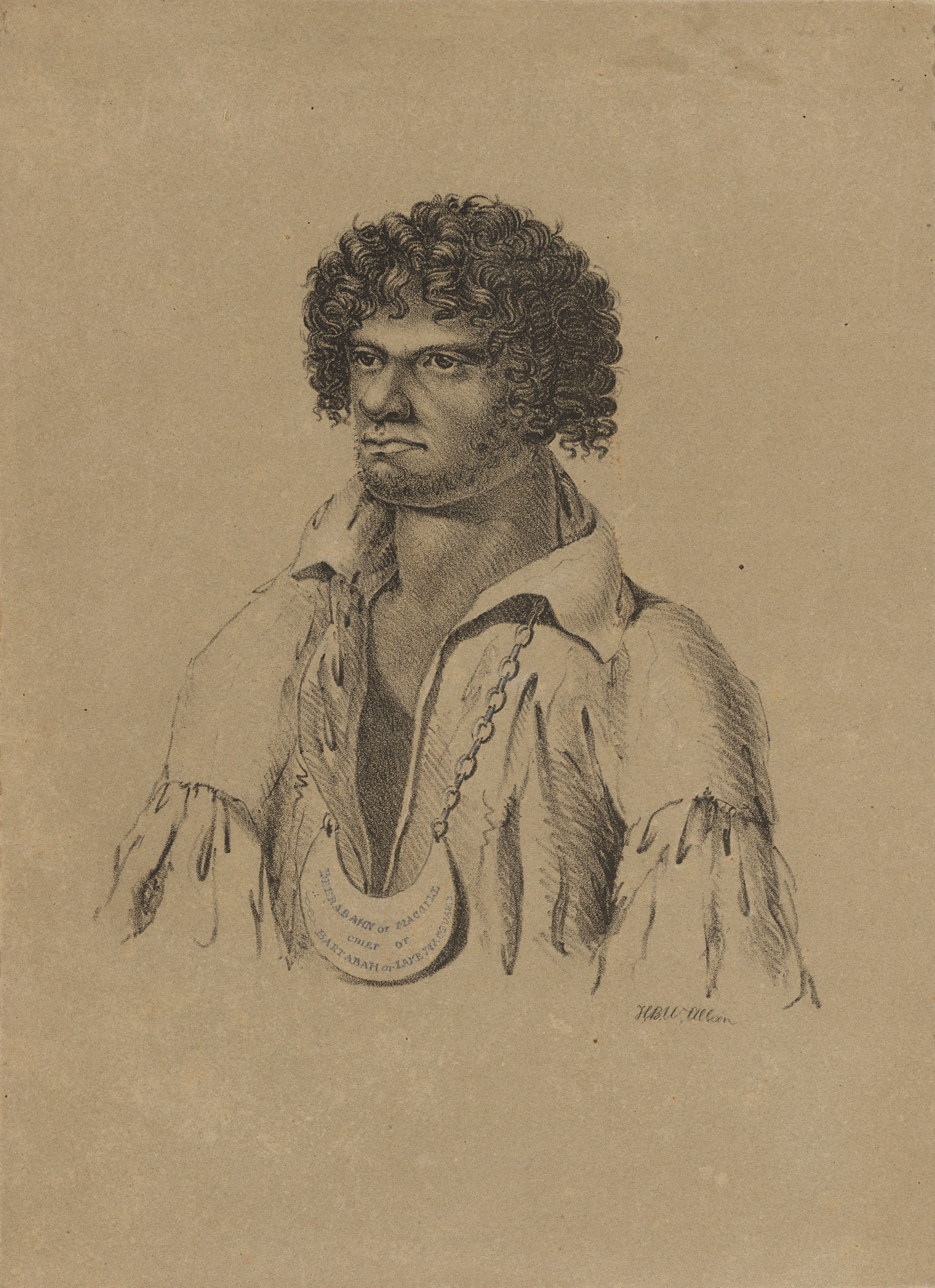 A sketch portrait of an Aboriginal man.