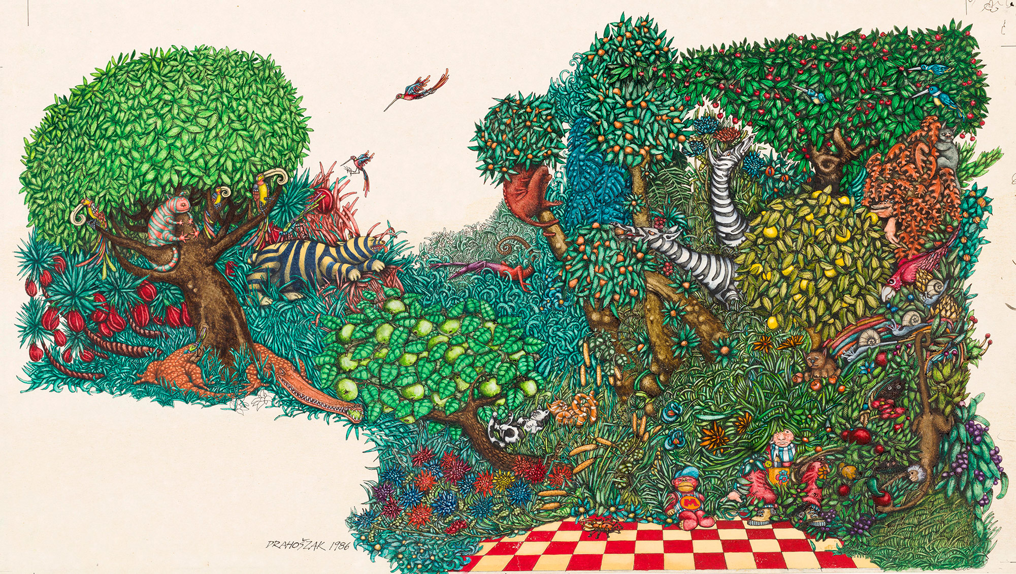 Illustration of a dense thicket of plants and the animals among it.