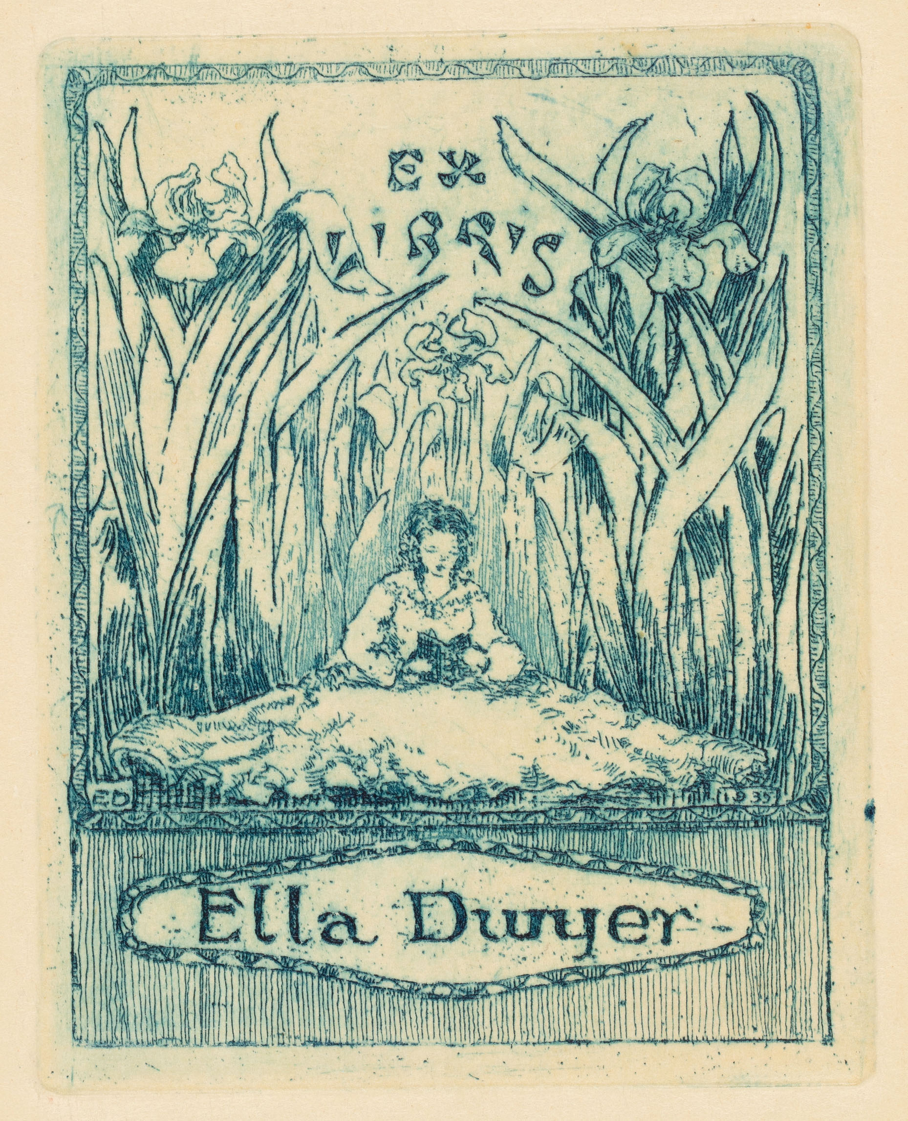 Blue ink printed image of a woman sitting among trees