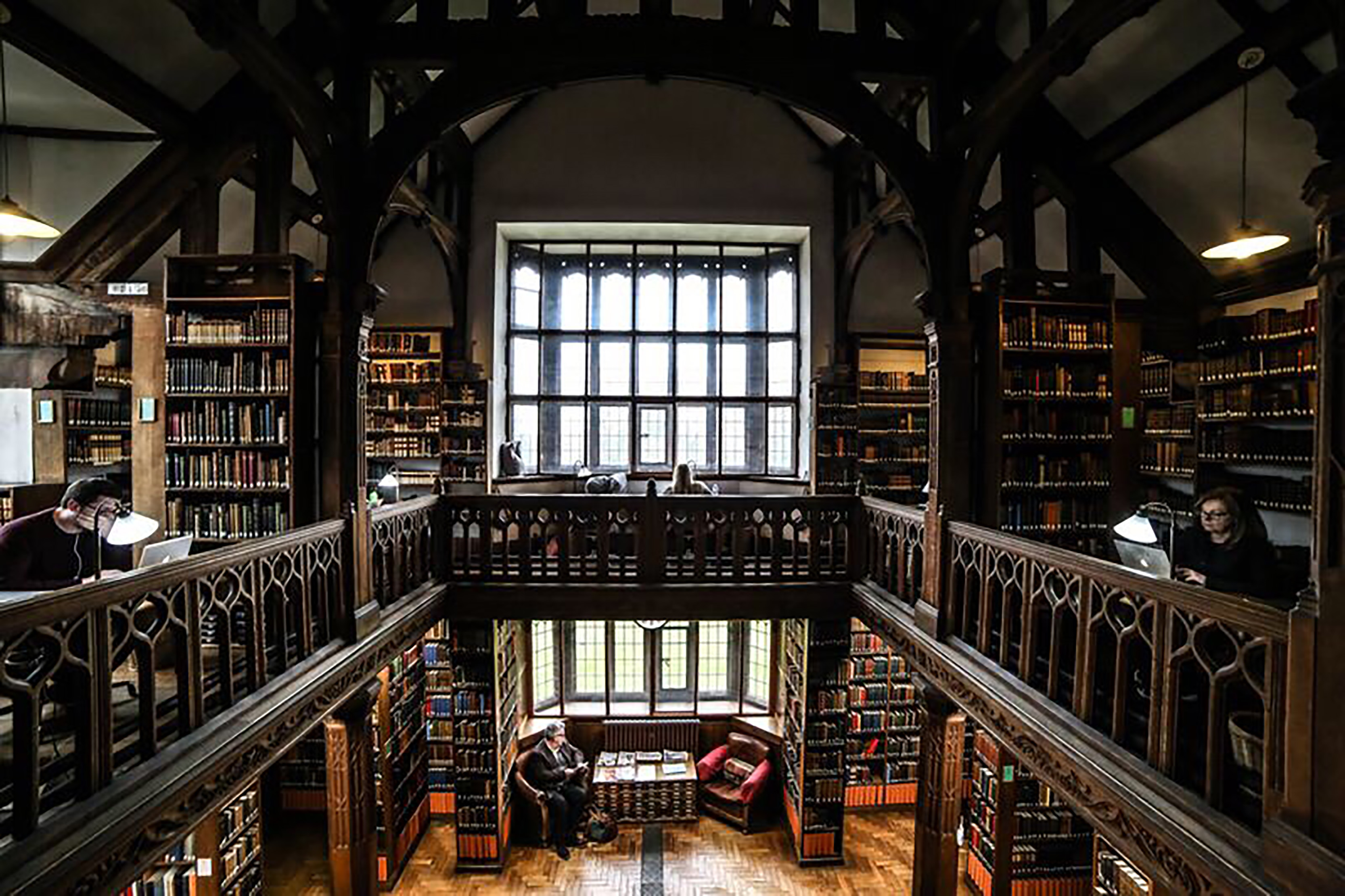 Interior of two storey library.