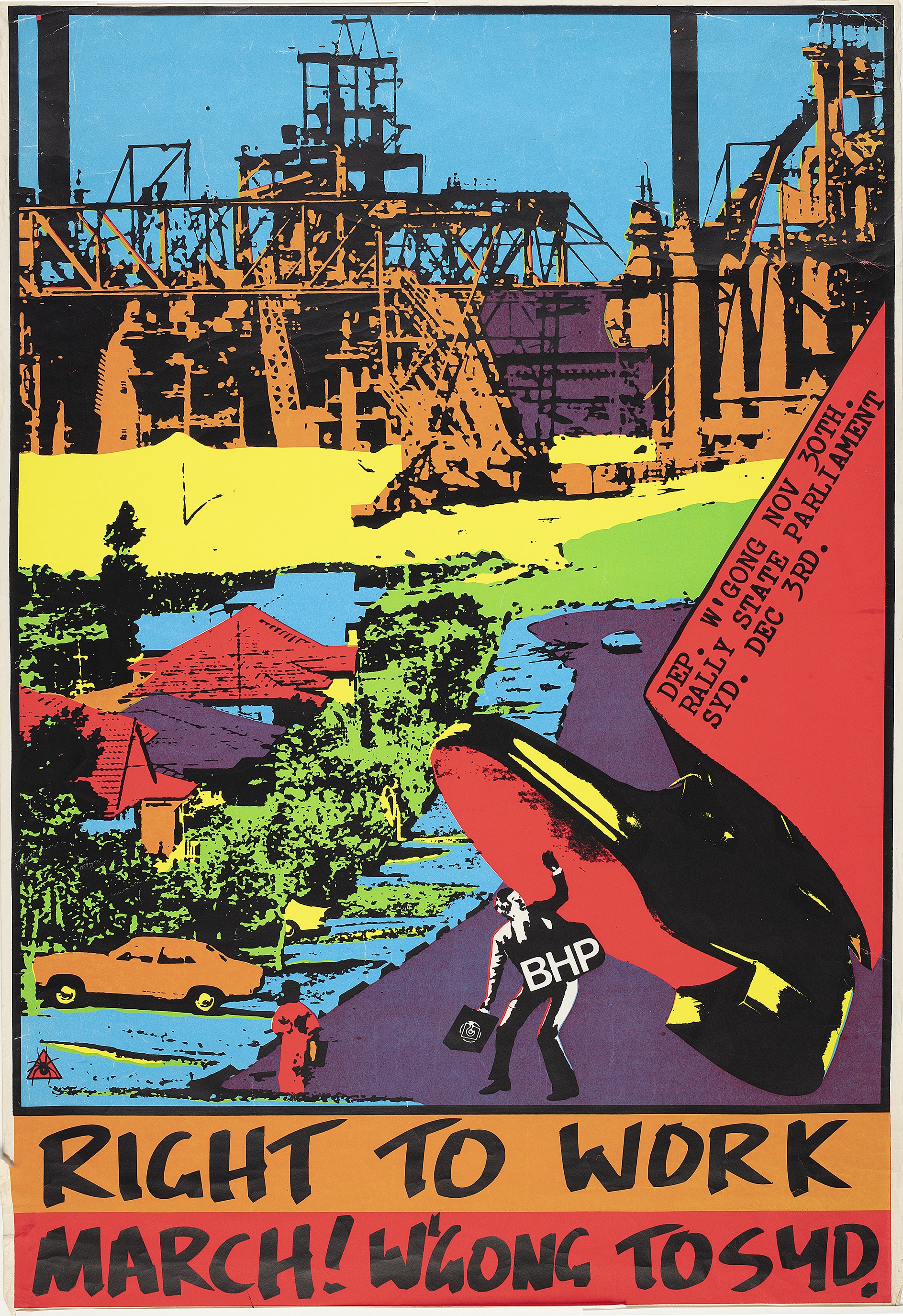 Poster advertising the march in Wollongong. Redback Graphix, silkscreen print by Gregor Cullen