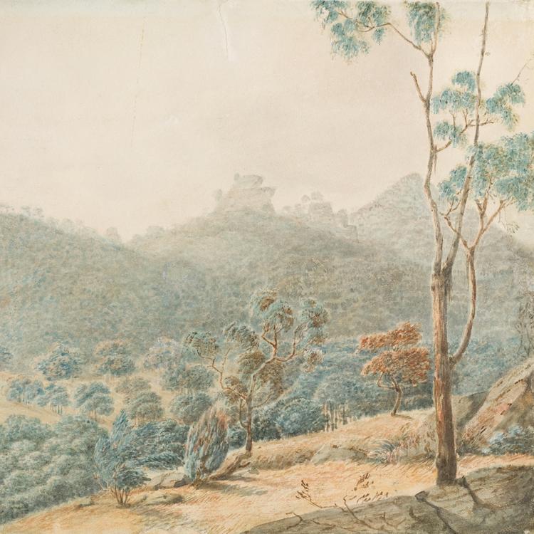 Painting of mountains and trees and shrubbry
