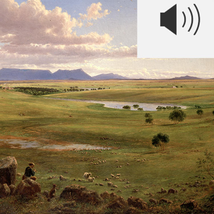 Audio icon and image of painting of a shepherd tending his flock on the edge of an expansive valley of green pastural land. 