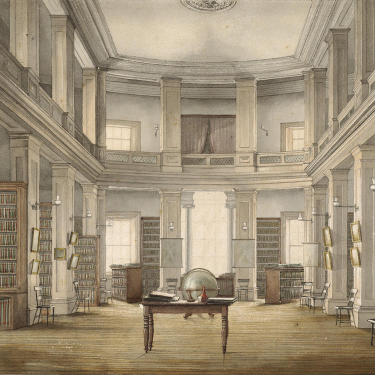 Interior, Australian Library and Literary Institution c.1868, watercolour by E. Hawley