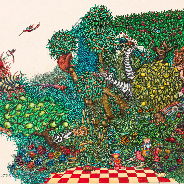 Illustration of a dense thicket of plants and the animals among it.
