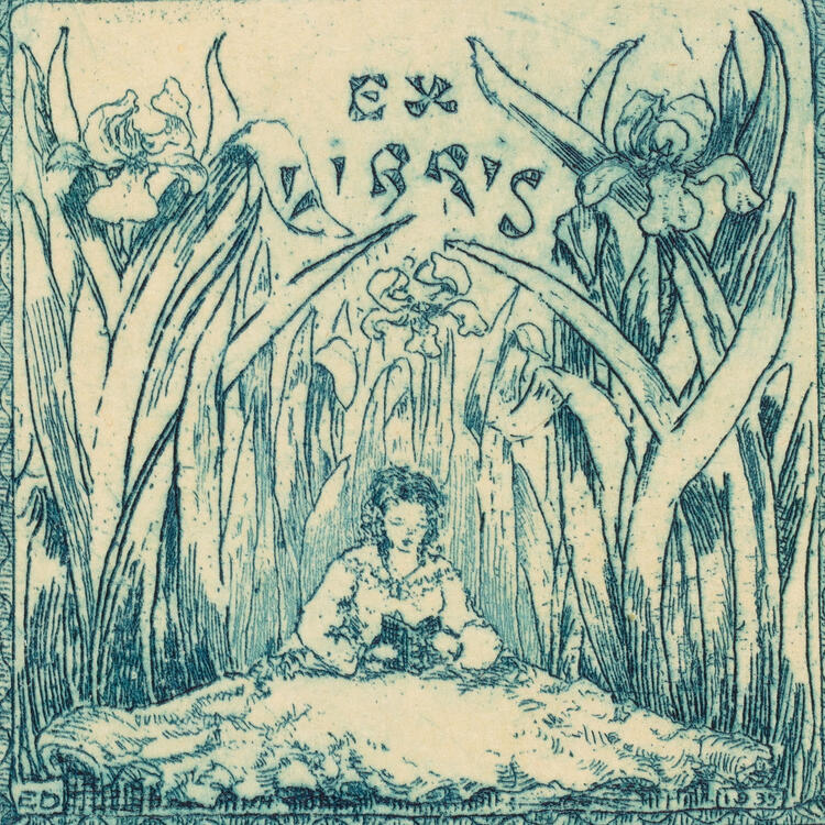 Blue ink printed image of a woman sitting among trees
