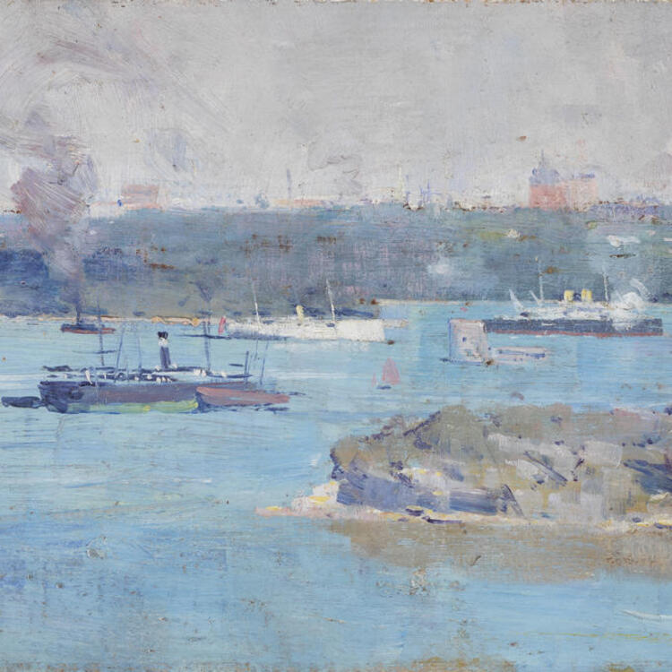 Oil painting. Panoramic scene of a harbour.