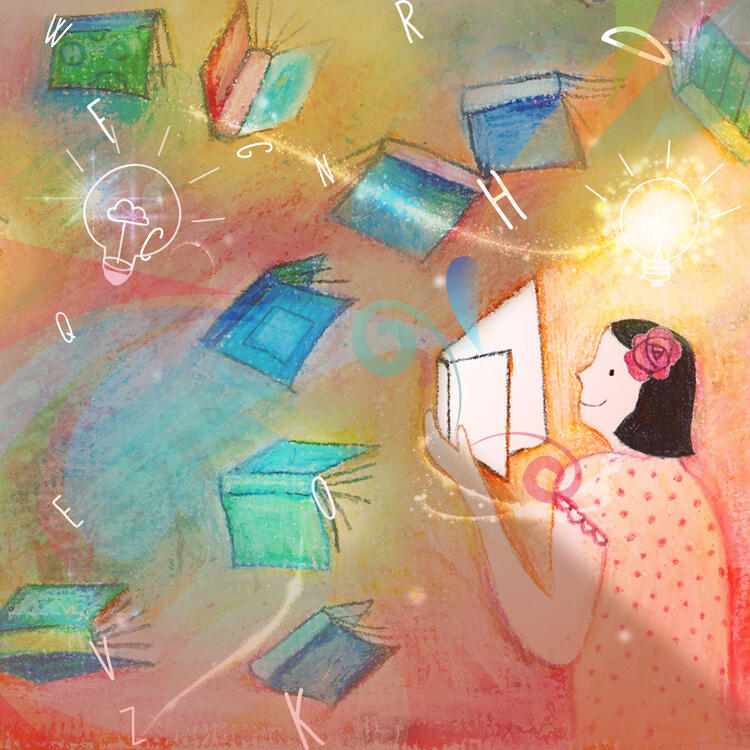 Drawing of a girl reading a book with books flying in the air