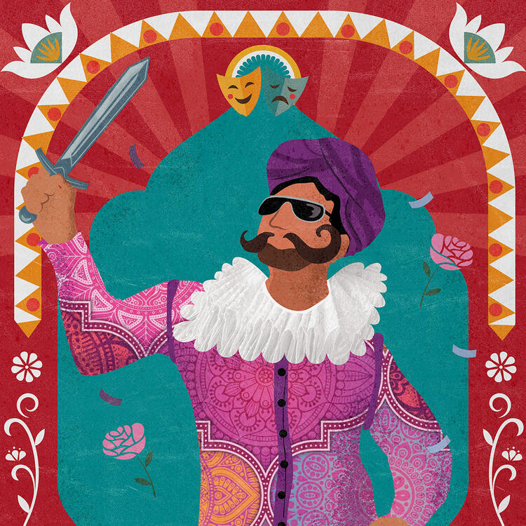 Colour graphic with a man holding a sword and wearing Shakespearean ruff