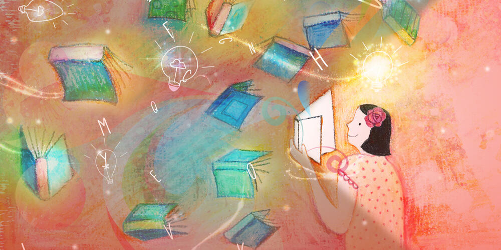Drawing of a girl reading a book with books flying in the air