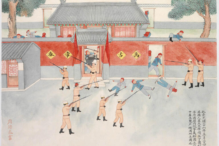 Illustration of soldiers shooting peasants in red caps