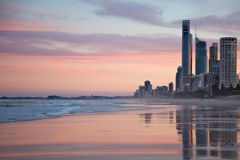 Gold Coast skyline and beach at sunset