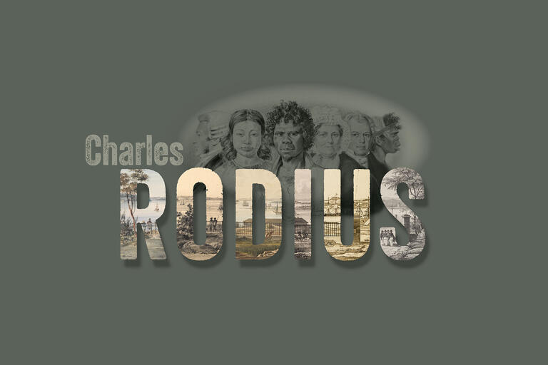 Text reads Charles Rodius, with landscape drawings appearing in the letters of Rodius. Above are 6 portrait drawings of people.