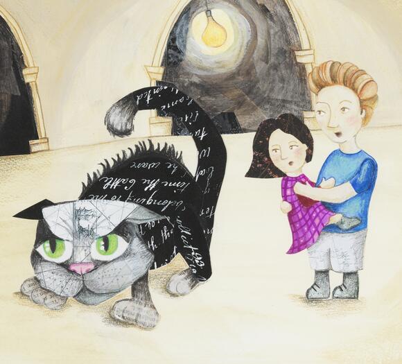 Collage illustration of a cat and two children walking past a dark wall with eyes