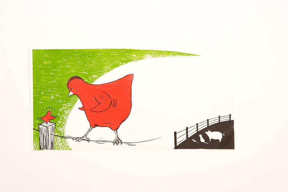 A red chick and red chicken standing face to face on a green background