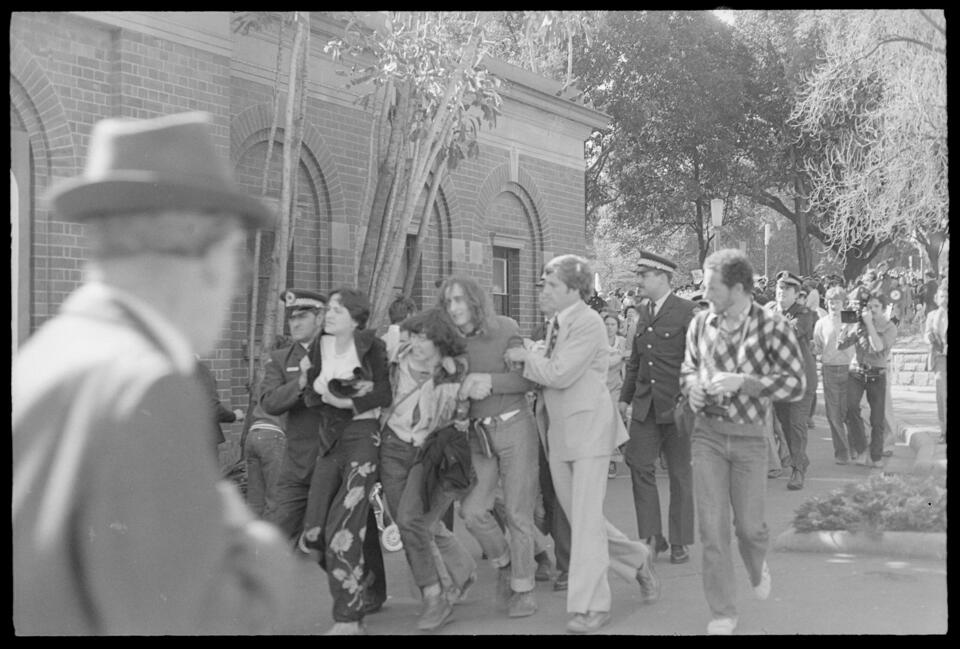 Gay rights demonstrators arrested near Museum Station, Hyde Park, Sydney. Tribune Collection