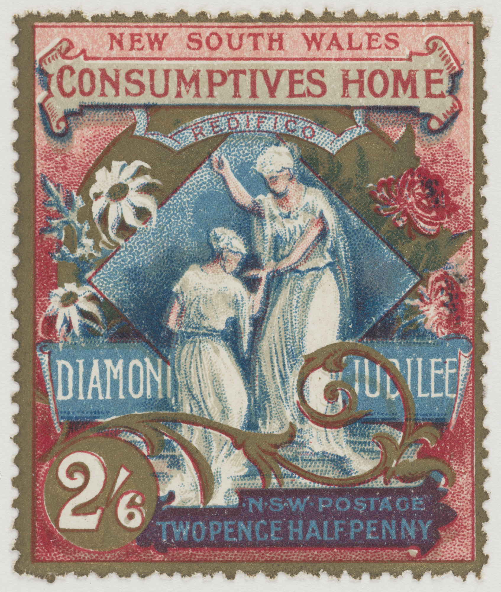 A colourful stamp depicting two small female figures