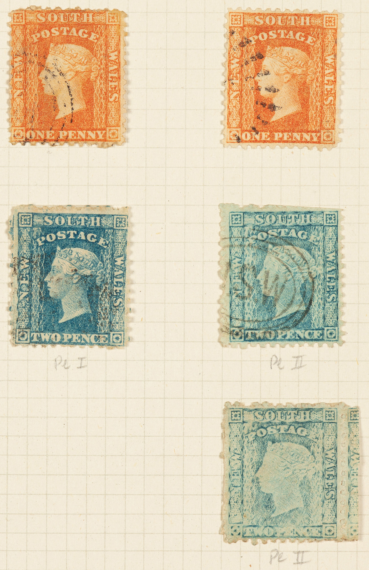 Set of stamps with portraits of a woman on them in green, blue and orange