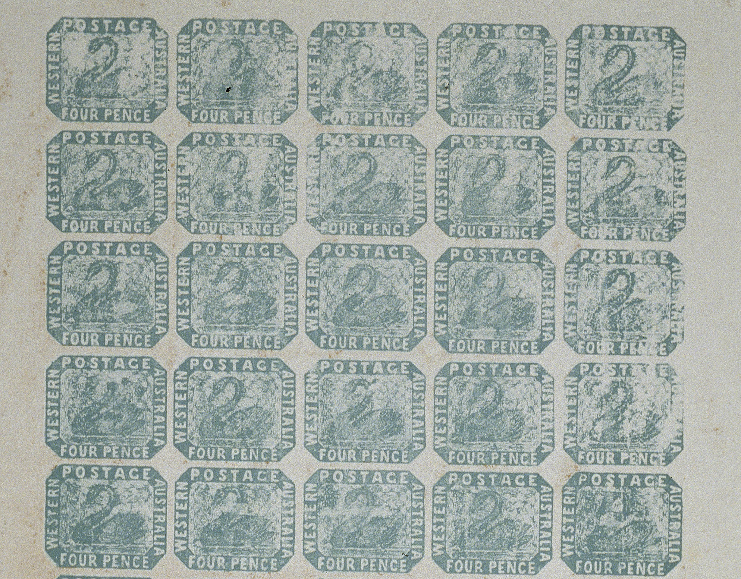 Sheet of the same blue stamp depicting a swan