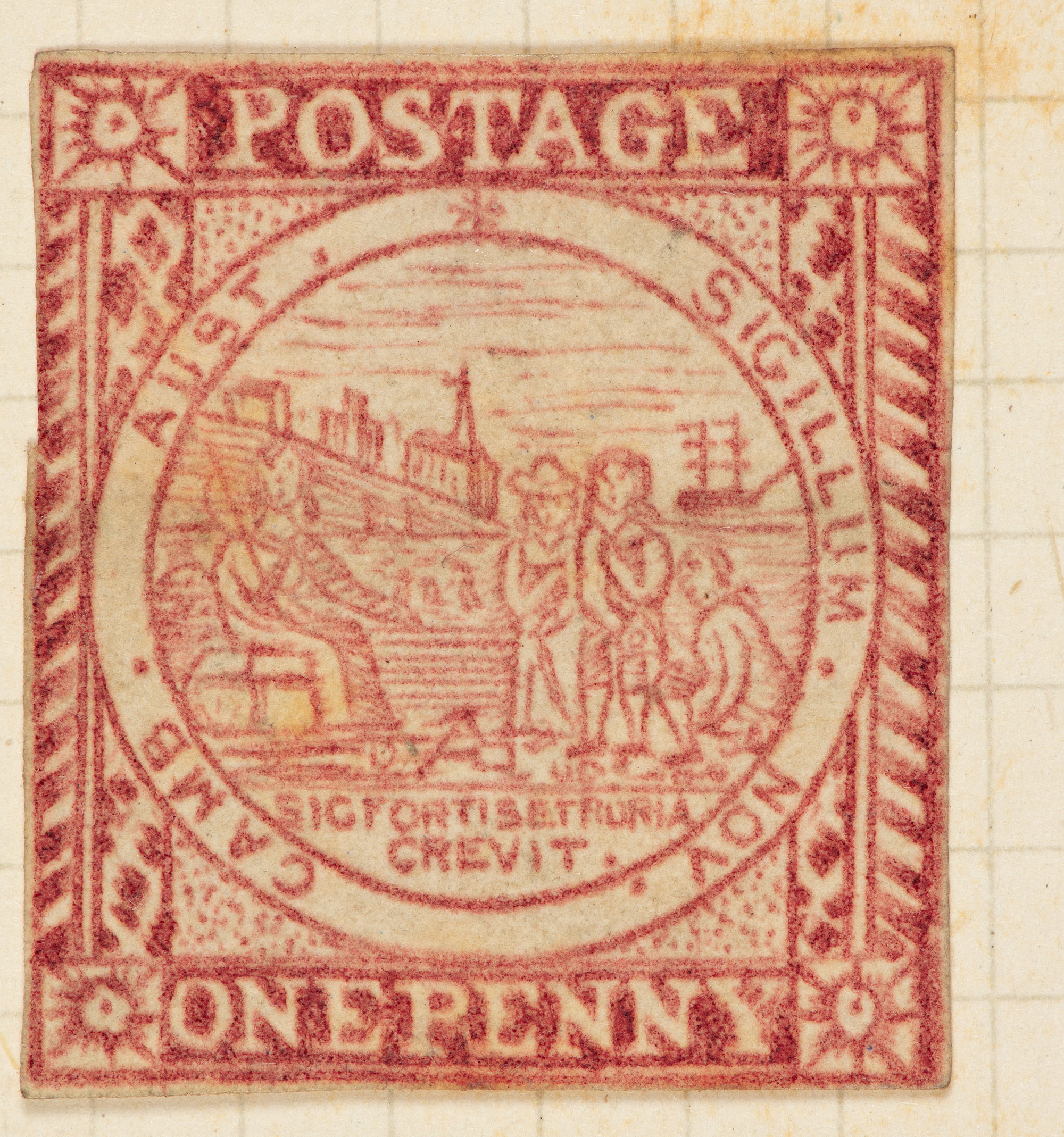 Red stamp with illustration and the words 'postage one penny'